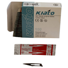 Load image into Gallery viewer, KIATO No.11 NON-STERILE SWEDISH Carbon Steel Triangular Straight Cutting Edge Ultra Thin Sharp Surgical Scalpel Blades Individually Sealed Foils High Quality Disposable 100-count Box