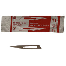 Load image into Gallery viewer, KIATO No.11 NON-STERILE SWEDISH Carbon Steel Triangular Straight Cutting Edge Ultra Thin Sharp Surgical Scalpel Blades Individually Sealed Foils High Quality Disposable 100-count Box