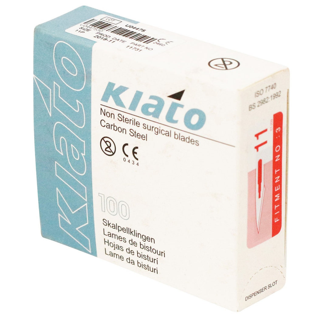 KIATO No.11P NON-STERILE SWEDISH Carbon Steel Triangular Straight Cutting Edge Ultra Thin Sharp Surgical Scalpel Blades Individually Sealed Foils High Quality Disposable 100-count Box Long Expiry Date