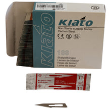 Load image into Gallery viewer, KIATO No.11P NON-STERILE SWEDISH Carbon Steel Triangular Straight Cutting Edge Ultra Thin Sharp Surgical Scalpel Blades Individually Sealed Foils High Quality Disposable 100-count Box