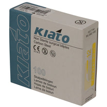 Load image into Gallery viewer, KIATO No.12 NON-STERILE SWEDISH Carbon Steel Crescent Shape Cutting Edge Ultra Thin Sharp Surgical Scalpel Blades Individually Wrapped in Foils High Quality Disposable 100-count Box