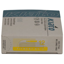 Load image into Gallery viewer, KIATO No.12 NON-STERILE SWEDISH Carbon Steel Crescent Shape Cutting Edge Ultra Thin Sharp Surgical Scalpel Blades Individually Wrapped in Foils High Quality Disposable 100-count Box