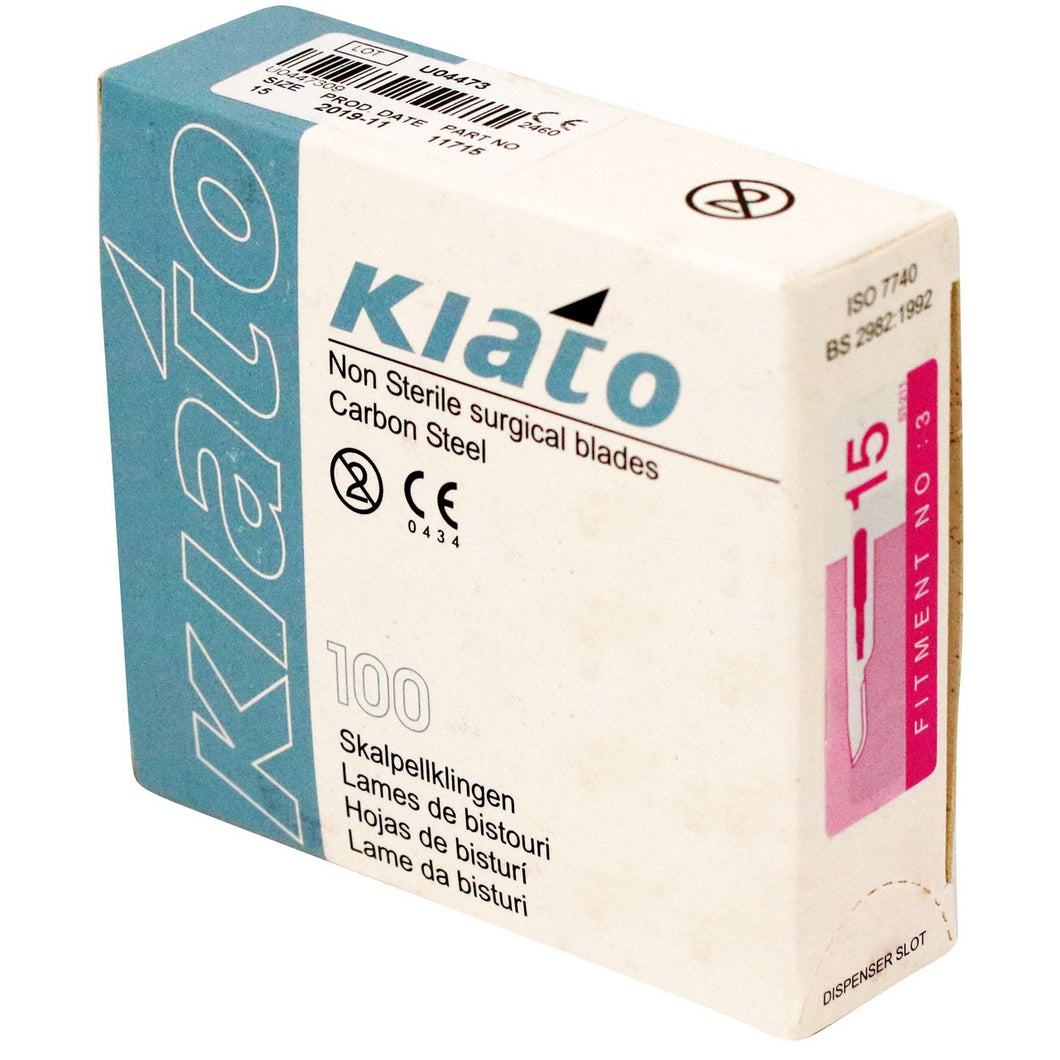 KIATO No.15 NON-STERILE SWEDISH Carbon Steel Short Curved Cutting Edge Ultra Thin Sharp Surgical Scalpel Blades Individually Wrapped in Foils High Quality Disposable 100-count Box Long Expiry Date