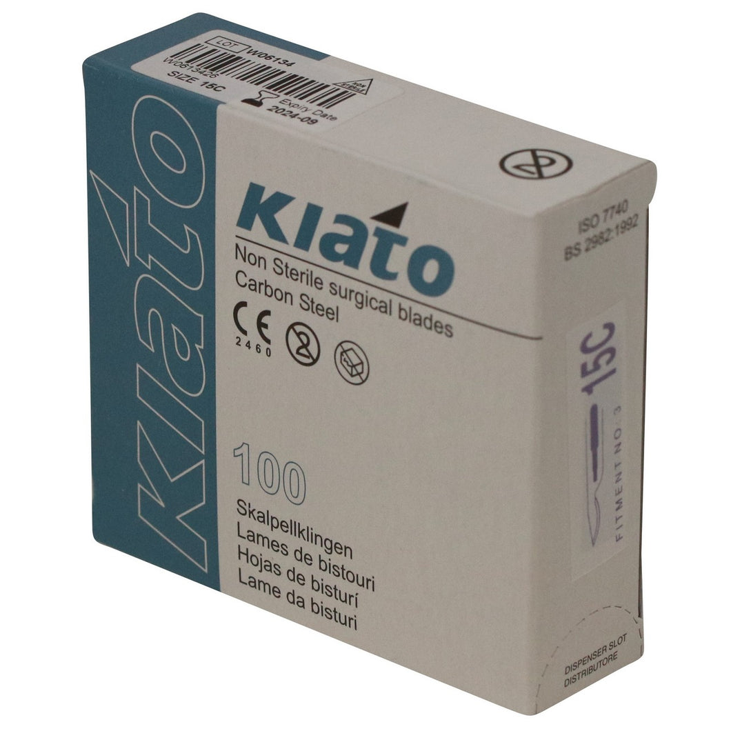 KIATO No.15C NON-STERILE SWEDISH Carbon Steel Longer Curved Cutting Edge Ultra Thin Sharp Surgical Scalpel Blades Individually Wrapped in Foils High Quality Disposable 100-count Box Long Expiry Date