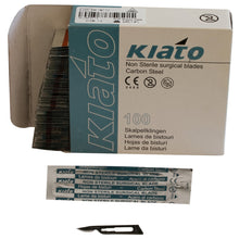 Load image into Gallery viewer, KIATO No.15C NON-STERILE SWEDISH Carbon Steel Longer Curved Cutting Edge Ultra Thin Sharp Surgical Scalpel Blades Individually Wrapped in Foils High Quality Disposable 100-count Box