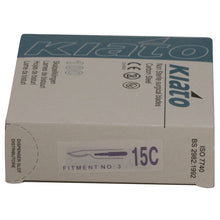 Load image into Gallery viewer, KIATO No.15C NON-STERILE SWEDISH Carbon Steel Longer Curved Cutting Edge Ultra Thin Sharp Surgical Scalpel Blades Individually Wrapped in Foils High Quality Disposable 100-count Box