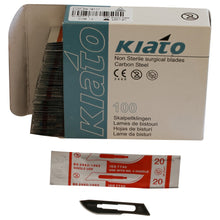 Load image into Gallery viewer, KIATO No.20 NON-STERILE SWEDISH Carbon Steel Long Edge Cutting Edge Ultra Thin Sharp Surgical Scalpel Blades Individually Wrapped in Foils High Quality Disposable 100-count Box