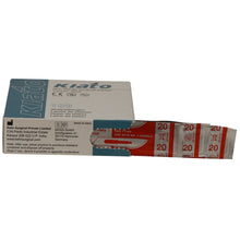 Load image into Gallery viewer, KIATO No.20 NON-STERILE SWEDISH Carbon Steel Long Edge Cutting Edge Ultra Thin Sharp Surgical Scalpel Blades Individually Wrapped in Foils High Quality Disposable 100-count Box