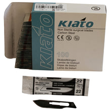 Load image into Gallery viewer, KIATO No.22 NON-STERILE SWEDISH Carbon Steel Long Edge Cutting Edge Ultra Thin Sharp Surgical Scalpel Blades Individually Wrapped in Foils High Quality Disposable 100-count Box