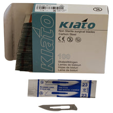 Load image into Gallery viewer, KIATO No.23 NON-STERILE SWEDISH Carbon Steel Long Edge Cutting Edge Ultra Thin Sharp Surgical Scalpel Blades Individually Wrapped in Foils High Quality Disposable 100-count Box