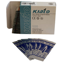 Load image into Gallery viewer, KIATO No.23 NON-STERILE SWEDISH Carbon Steel Long Edge Cutting Edge Ultra Thin Sharp Surgical Scalpel Blades Individually Wrapped in Foils High Quality Disposable 100-count Box
