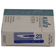 Load image into Gallery viewer, KIATO No.23 NON-STERILE SWEDISH Carbon Steel Long Edge Cutting Edge Ultra Thin Sharp Surgical Scalpel Blades Individually Wrapped in Foils High Quality Disposable 100-count Box