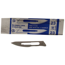 Load image into Gallery viewer, KIATO No.23 NON-STERILE SWEDISH Carbon Steel Long Edge Cutting Edge Ultra Thin Sharp Surgical Scalpel Blades Individually Wrapped in Foils High Quality Disposable 100-count Box