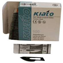 Load image into Gallery viewer, KIATO No.24 NON-STERILE SWEDISH Carbon Steel Semi Circular Cutting Edge Ultra Thin Sharp Surgical Scalpel Blades Individually Wrapped in Foils High Quality Disposable 100-count Box