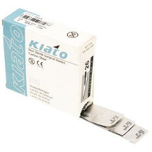 Load image into Gallery viewer, KIATO No.26 NON-STERILE SWISS Stainless Steel Fine Point Diagonal Cutting Edge Ultra Thin Sharp Surgical Scalpel Blades Individually Sealed Foils High Quality Disposable 100-count Box