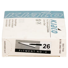 Load image into Gallery viewer, KIATO No.26 NON-STERILE SWISS Stainless Steel Fine Point Diagonal Cutting Edge Ultra Thin Sharp Surgical Scalpel Blades Individually Sealed Foils High Quality Disposable 100-count Box