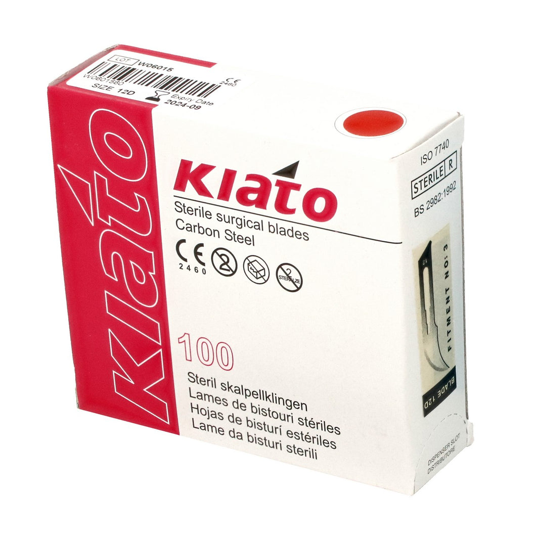 KIATO No.12D STERILE SWISS Carbon Steel Crescent Shape Cutting Edge Ultra Thin Sharp Surgical Scalpel Blades Individually Wrapped in Foils High Quality Disposable 100-count Box Long Expiry Date