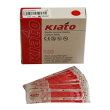 Load image into Gallery viewer, KIATO No.12D STERILE SWISS Carbon Steel Crescent Shape Cutting Edge Ultra Thin Sharp Surgical Scalpel Blades Individually Wrapped in Foils High Quality Disposable 100-count Box Long Expiry Date
