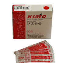 Load image into Gallery viewer, KIATO No.12D STERILE SWISS Carbon Steel Crescent Shape Cutting Edge Ultra Thin Sharp Surgical Scalpel Blades Individually Wrapped in Foils High Quality Disposable 100-count Box