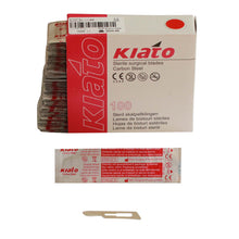 Load image into Gallery viewer, KIATO No.15 STERILE SWISS Carbon Steel Short Curved Cutting Edge Ultra Thin Sharp Surgical Scalpel Blades Individually Wrapped in Foils High Quality Disposable 100-count Box