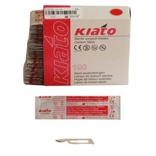 Load image into Gallery viewer, KIATO No.15C STERILE SWISS Carbon Steel Longer Curved Cutting Edge Ultra Thin Sharp Surgical Scalpel Blades Individually Wrapped in Foils High Quality Disposable 100-count Box