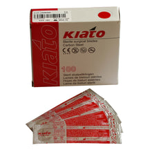 Load image into Gallery viewer, KIATO No.15C STERILE SWISS Carbon Steel Longer Curved Cutting Edge Ultra Thin Sharp Surgical Scalpel Blades Individually Wrapped in Foils High Quality Disposable 100-count Box