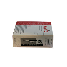 Load image into Gallery viewer, KIATO No.26 STERILE SWISS Carbon Steel Fine Point Diagonal Cutting Edge Ultra Thin Sharp Surgical Scalpel Blades Individually Wrapped in Foils High Quality Disposable 100-count Box