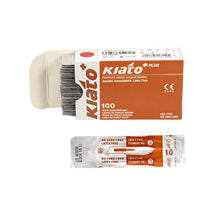 Load image into Gallery viewer, KIATO No.10 STERILE SWISS Stainless Steel Curved Cutting Edge Ultra Thin Sharp Surgical Scalpel Blades Individually Wrapped in Foils High Quality Disposable 100-count Box