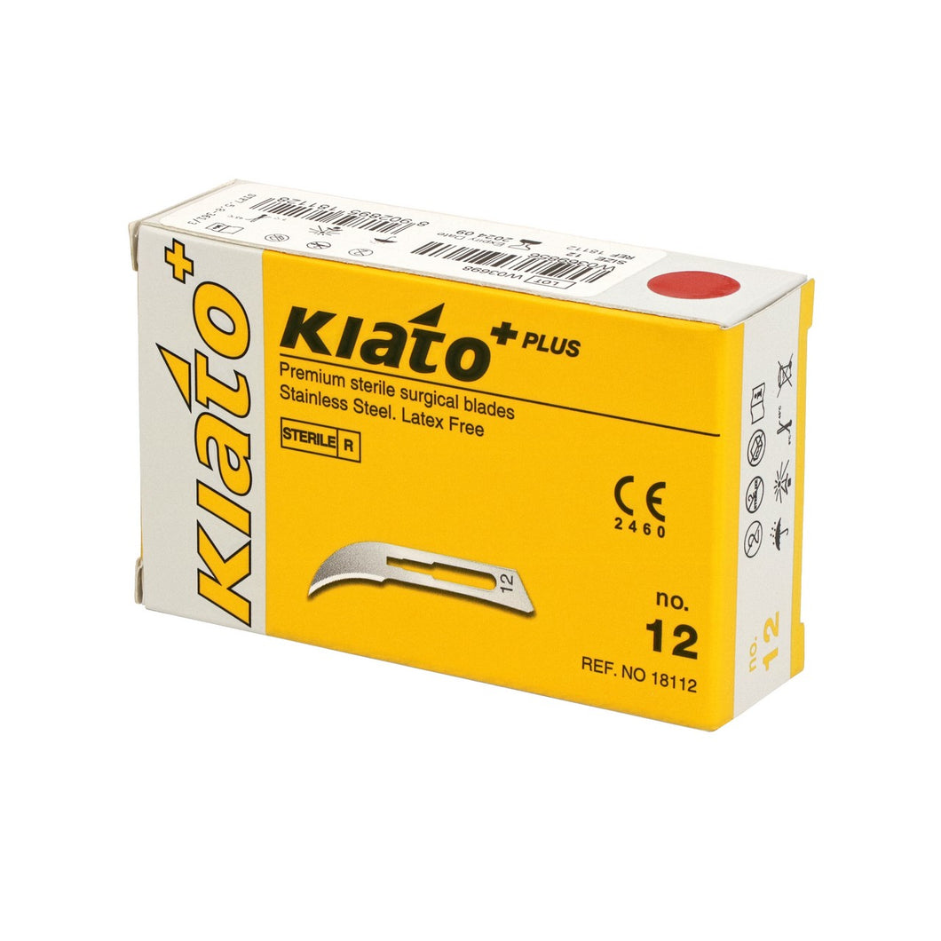 KIATO No.12 STERILE SWISS Stainless Steel Crescent Shape Cutting Edge Ultra Thin Sharp Surgical Scalpel Blades Individually Wrapped in Foils High Quality Disposable 100-count Box Long Expiry Date