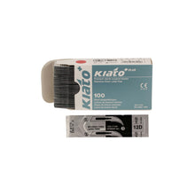 Load image into Gallery viewer, KIATO No.12D STERILE SWISS Stainless Steel Crescent Shape Cutting Edge Ultra Thin Sharp Surgical Scalpel Blades Individually Wrapped in Foils High Quality Disposable 100-count Box