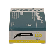 Load image into Gallery viewer, KIATO No.12D STERILE SWISS Stainless Steel Crescent Shape Cutting Edge Ultra Thin Sharp Surgical Scalpel Blades Individually Wrapped in Foils High Quality Disposable 100-count Box