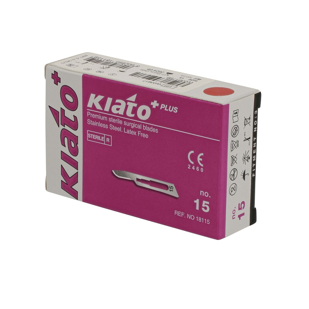 KIATO No.15 STERILE SWISS Stainless Steel Short Curved Cutting Edge Ultra Thin Sharp Surgical Scalpel Blades Individually Wrapped in Foils High Quality Disposable 100-count Box Long Expiry Date