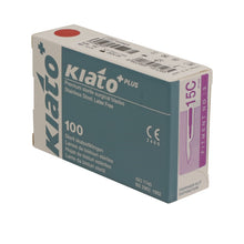 Load image into Gallery viewer, KIATO No.15C STERILE SWISS Stainless Steel Longer Curved Cutting Edge Ultra Thin Sharp Surgical Scalpel Blades Individually Wrapped in Foils High Quality Disposable 100-count Box Long Expiry Date
