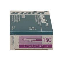 Load image into Gallery viewer, KIATO No.15C STERILE SWISS Stainless Steel Longer Curved Cutting Edge Ultra Thin Sharp Surgical Scalpel Blades Individually Wrapped in Foils High Quality Disposable 100-count Box