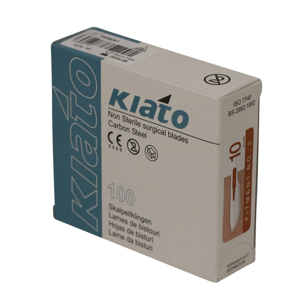 KIATO No.10 NON-STERILE SWEDISH Carbon Steel Curved Cutting Edge Ultra Thin Sharp Surgical Scalpel Blades Individually Wrapped in Foils High Quality Disposable 100-count Box Long Expiry Date