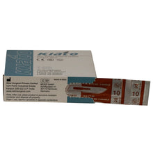 Load image into Gallery viewer, KIATO No.10 NON-STERILE SWEDISH Carbon Steel Curved Cutting Edge Ultra Thin Sharp Surgical Scalpel Blades Individually Wrapped in Foils High Quality Disposable 100-count Box Long Expiry Date
