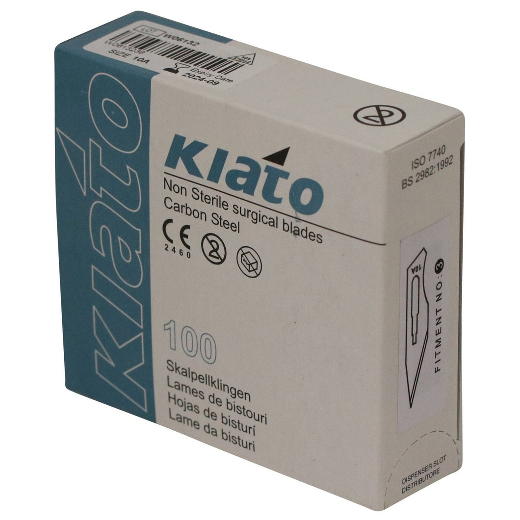 KIATO No.10A NON-STERILE SWEDISH Carbon Steel Straight Pointed Tip Cutting Edge Ultra Thin Sharp Surgical Scalpel Blades Individually Wrapped in Foils High Quality Disposable 100-count Box Long Expiry Date