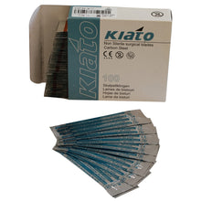 Load image into Gallery viewer, KIATO No.10A NON-STERILE SWEDISH Carbon Steel Straight Pointed Tip Cutting Edge Ultra Thin Sharp Surgical Scalpel Blades Individually Wrapped in Foils High Quality Disposable 100-count Box Long Expiry Date
