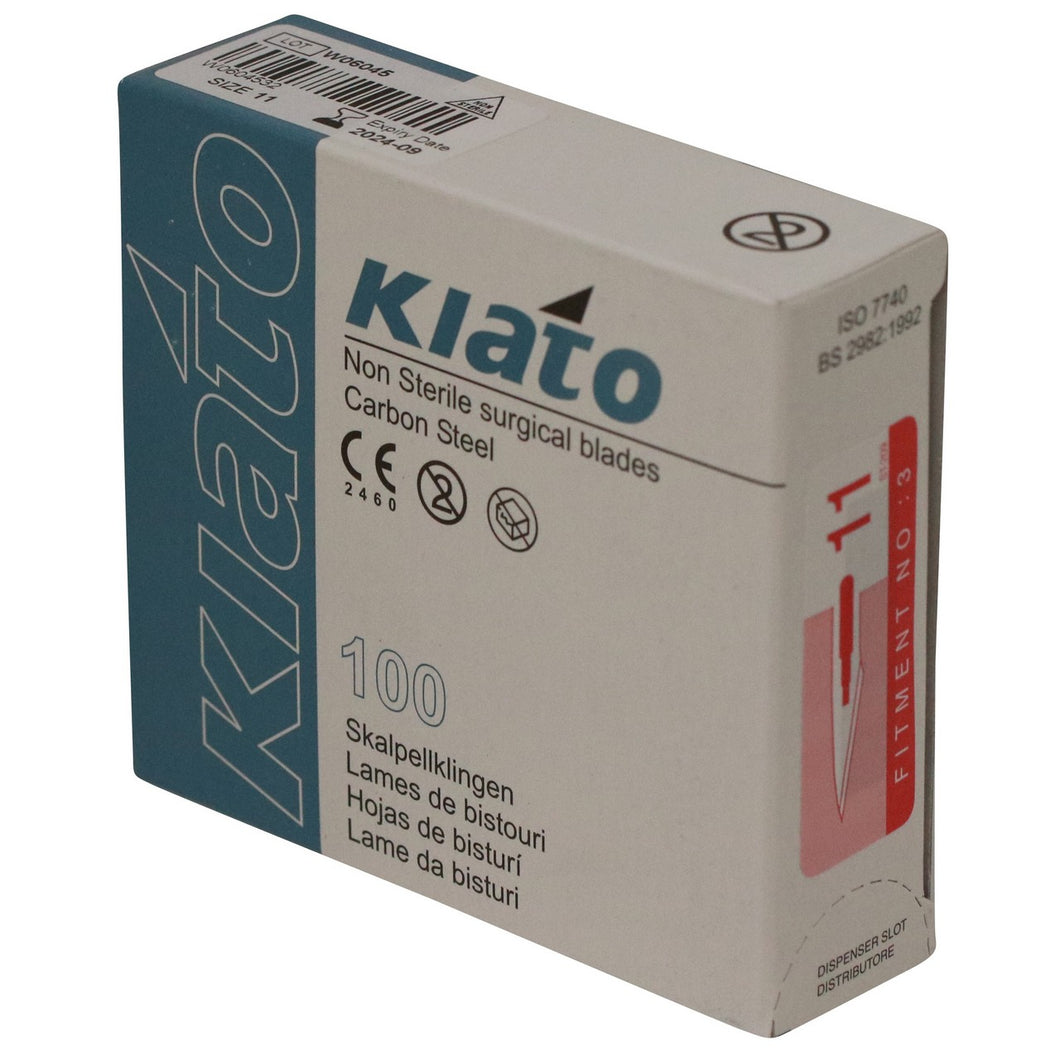 KIATO No.11 NON-STERILE SWEDISH Carbon Steel Triangular Straight Cutting Edge Ultra Thin Sharp Surgical Scalpel Blades Individually Sealed Foils High Quality Disposable 100-count Box Long Expiry Date