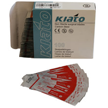 Load image into Gallery viewer, KIATO No.11 NON-STERILE SWEDISH Carbon Steel Triangular Straight Cutting Edge Ultra Thin Sharp Surgical Scalpel Blades Individually Sealed Foils High Quality Disposable 100-count Box Long Expiry Date

