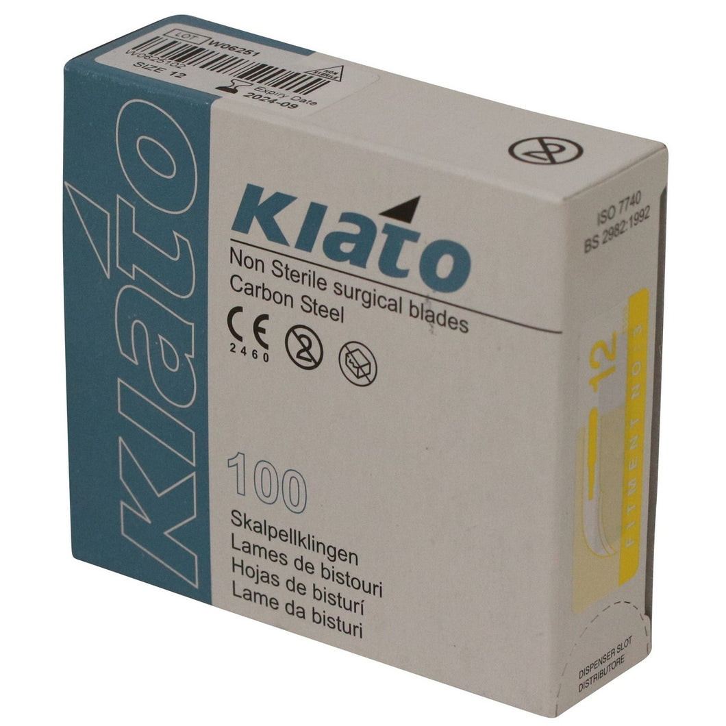 KIATO No.12 NON-STERILE SWEDISH Carbon Steel Crescent Shape Cutting Edge Ultra Thin Sharp Surgical Scalpel Blades Individually Wrapped in Foils High Quality Disposable 100-count Box Long Expiry Date