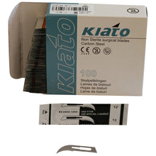 Load image into Gallery viewer, KIATO No.12 NON-STERILE SWEDISH Carbon Steel Crescent Shape Cutting Edge Ultra Thin Sharp Surgical Scalpel Blades Individually Wrapped in Foils High Quality Disposable 100-count Box Long Expiry Date
