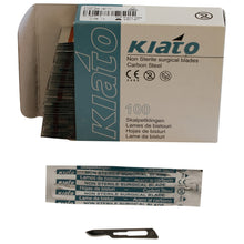 Load image into Gallery viewer, KIATO No.15 NON-STERILE SWEDISH Carbon Steel Short Curved Cutting Edge Ultra Thin Sharp Surgical Scalpel Blades Individually Wrapped in Foils High Quality Disposable 100-count Box Long Expiry Date
