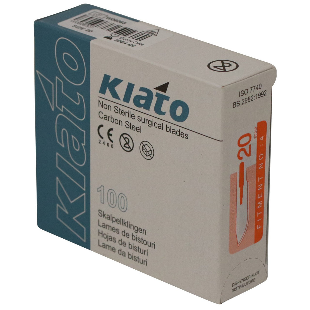 KIATO No.20 NON-STERILE SWEDISH Carbon Steel Long Edge Cutting Edge Ultra Thin Sharp Surgical Scalpel Blades Individually Wrapped in Foils High Quality Disposable 100-count Box Long Expiry Date