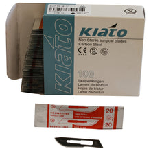 Load image into Gallery viewer, KIATO No.10 NON-STERILE SWEDISH Carbon Steel Curved Cutting Edge Ultra Thin Sharp Surgical Scalpel Blades Individually Wrapped in Foils High Quality Disposable 100-count Box Long Expiry Date
