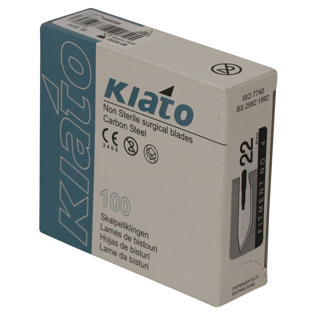KIATO No.22 NON-STERILE SWEDISH Carbon Steel Long Edge Cutting Edge Ultra Thin Sharp Surgical Scalpel Blades Individually Wrapped in Foils High Quality Disposable 100-count Box Long Expiry Date