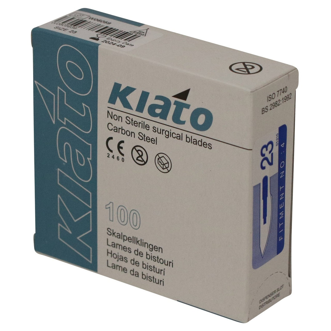 KIATO No.23 NON-STERILE SWEDISH Carbon Steel Long Edge Cutting Edge Ultra Thin Sharp Surgical Scalpel Blades Individually Wrapped in Foils High Quality Disposable 100-count Box Long Expiry Date