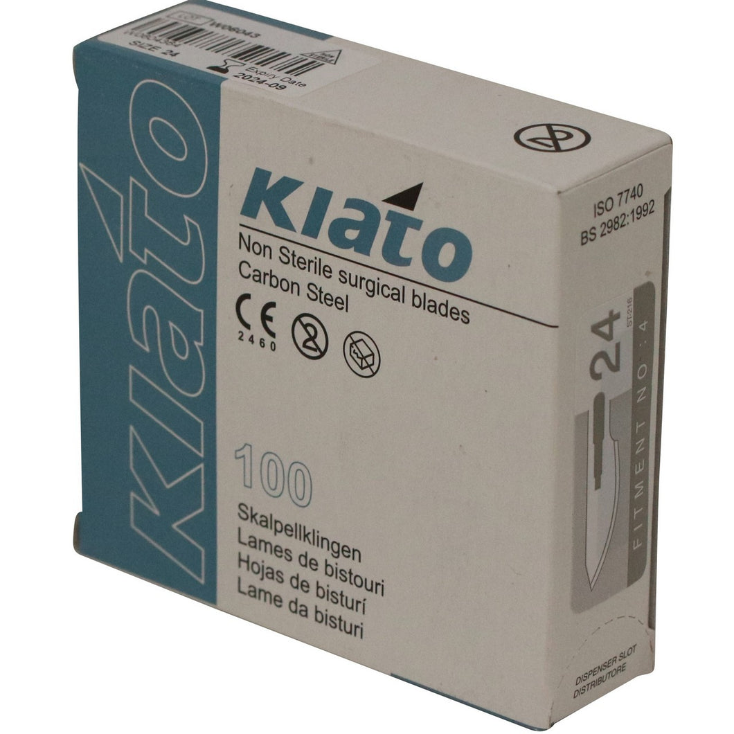KIATO No.24 NON-STERILE SWEDISH Carbon Steel Semi Circular Cutting Edge Ultra Thin Sharp Surgical Scalpel Blades Individually Wrapped in Foils High Quality Disposable 100-count Box Long Expiry Date