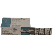 Load image into Gallery viewer, KIATO No.24 NON-STERILE SWEDISH Carbon Steel Semi Circular Cutting Edge Ultra Thin Sharp Surgical Scalpel Blades Individually Wrapped in Foils High Quality Disposable 100-count Box Long Expiry Date

