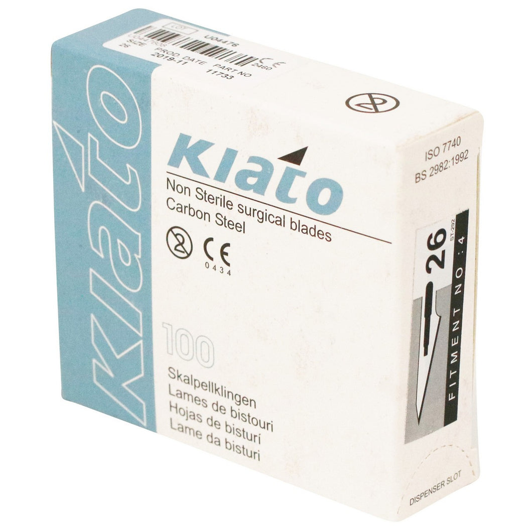 KIATO No.26 NON-STERILE SWEDISH Carbon Steel Fine Point Diagonal Cutting Edge Ultra Thin Sharp Surgical Scalpel Blades Individually Sealed Foils High Quality Disposable 100-count Box Long Expiry Date